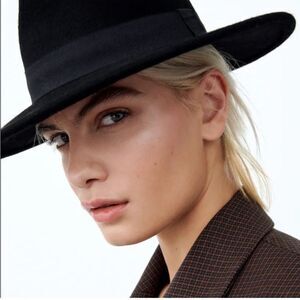 Zara Women’s Unisex 100% WOOL Fedora HAT Black Soft Classic Leather Accent